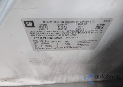 2016 GMC Terrain Sle-1 из США, поврежденный, VIN 2GKALMEK6G6109324